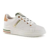 Championes blancos de cuero sintético con detalles en dorado, verde y marrón.