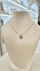 Collar dorado con cadena fina y dije redondo con la imagen de San Benito.