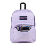 Mochila JanSport Superbreak color lila con logo de la marca en el frente, asa de mano superior y dos correas acolchadas ajustables para los hombros.