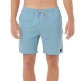 Short de baño celeste con estampado de palmeras y cocos.