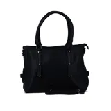 Cartera tipo tote de cuero sintético color negro, con doble asa de mano y correa larga desmontable.