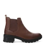 Bota marrón oscuro de mujer, con diseño casual y panel elástico lateral.