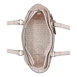 Cartera tote Guess modelo Lockwood, tamaño pequeño, con estampado del logo de la marca en tonos beige y detalles en rosa pálido. Incluye llavero colgante con monedero extraíble.