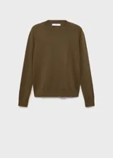 Sweater verde militar de punto fino, con cuello redondo y mangas largas.