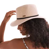 Sombrero de paja color beige con cinta negra alrededor de la base de la copa.