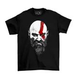 Remera negra con estampado de Kratos, personaje del videojuego God of War, con barba y la característica marca roja en la cara.