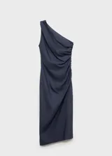 Vestido midi de lyocell color gris, con escote asimétrico de un solo hombro y detalle fruncido en la cadera.