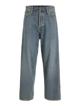Jean baggy fit de tiro alto con cierre de botones y cinco bolsillos funcionales. Corte relajado en muslo, rodilla y pierna ancha. Confeccionado en denim de tejido twill resistente, teñido en hilo y acabado stonewash.