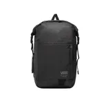 Mochila Vans Rollrop negra con cierre superior enrollable, bolsillo frontal con cierre y logo de la marca estampado en la parte inferior.
