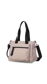 Bandolera morral color tostado con asas de mano y correa de hombro ajustables en color negro. Cuenta con un compartimento principal con cierre, un bolsillo frontal con cierre y tirador con la marca "LINCOLN'S", un bolsillo trasero con cierre y bolsillos laterales abiertos.