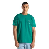 Remera verde de manga corta con logo de la marca Volcom estampado en el pecho.