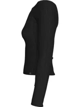 Remera negra de canalé con escote bardot y mangas largas.