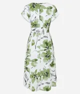 Vestido midi de tricolina con estampado floral, escote en V, mangas cortas y cintura elastizada.