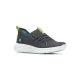 Zapatilla urbana de mujer color gris oscuro, con cordones elásticos cruzados, suela blanca y detalles en verde flúor.