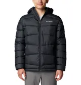 Campera puffer Columbia Fivemile Butte II negra para hombre, con capucha, cierre frontal completo, bolsillos con cierre y logo de la marca en el pecho. Cuenta con tecnología Omni-Heat reflectante y Omni-Shield resistente al agua.