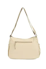 Bandolera color beige con múltiples bolsillos con cierre en la parte frontal y trasera, y bolsillos ajustables en los laterales.