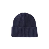 Gorro de lana Columbia color azul marino, tejido en punto canalé, con dobladillo enrollado y logo bordado en el frente.