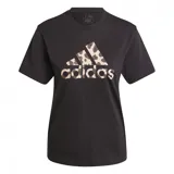 Camiseta negra de mujer con estampado gráfico de animal print en el logo de adidas.