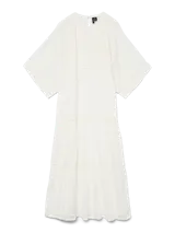 Vestido largo blanco de algodón con encaje, botones frontales, forro interior y corte regular.