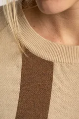 Sweater de punto con rayas verticales anchas en color marrón y beige, de corte oversize y mangas largas.