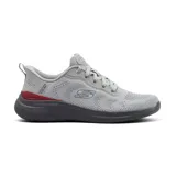Championes Skechers Hands Free Slip-ins Bounder 2.0, color gris con detalles en rojo. Diseñados con malla transpirable, cordones elásticos, plantilla Skechers Air-Cooled Memory Foam y tecnología Heel Pillow para un ajuste fácil y seguro.