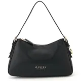 Cartera de hombro marca Guess, modelo Alisha, color negro con textura granulada. Presenta cierre superior de cremallera, asa fija y logo frontal en letras doradas. Incluye un dije decorativo de candado dorado en el lateral.