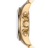Reloj Michael Kors Bradshaw con caja y pulsera de acero dorado, esfera negra con números romanos y tres subesferas.
