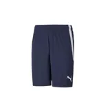 Short deportivo Puma Team Liga azul marino con cintura elástica, cordón ajustable, logo Puma estampado en blanco y franja lateral blanca.