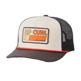 Gorro Rip Curl modelo Surf Revival Trucker, con visera curva, frente color crema con parche con logo de la marca y parte trasera de rejilla negra.