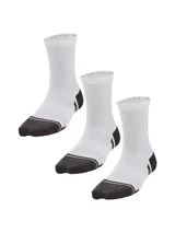 Pack de tres pares de medias Adidas unisex, modelo Y PRFRM TECH 3P CREW, color blanco con detalles en gris y negro. Diseñadas para mantener los pies frescos y brindar soporte en el arco del pie.