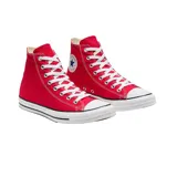 Championes de caña alta Converse Chuck Taylor All Star, color rojo, con cordones blancos y suela de goma blanca con línea negra. Logo de Converse All Star en el lateral interior.