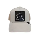 Gorra de béisbol Goorin Bros. color beige con paneles de malla y parche bordado con una orca y la palabra "Killer".