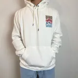 Canguro blanco con capucha y cordones ajustables. Estampado en la espalda con palmeras, olas y texto "Longboard Contest Santa Barbara Southern California".