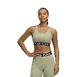 Top deportivo Puma color verde oliva con logo en el centro y banda elástica inferior con la marca Puma en negro y blanco.