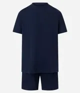 Conjunto de pijama masculino de dos piezas, compuesto por una remera de manga corta con cuello redondo y una bermuda corta, ambos en color azul marino con efecto mezclado que simula lino.