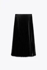 Falda midi negra de tiro alto con cintura elástica y diseño plisado.