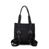 Cartera mochila de color azul marino confeccionada en nylon, con un diseño versátil que permite su uso como bolso de mano o mochila. Presenta dos bolsillos frontales con cierre de cremallera negra y tiradores largos, correas de cinta negra resistente y un compartimento principal de gran capacidad.