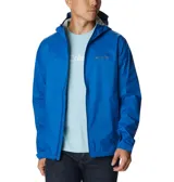 Campera impermeable Columbia Evapouration Jacket, color celeste, con capucha ajustable, cierre frontal completo, bolsillos laterales con cierre y ventilación en las axilas.