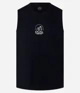 Musculosa negra de algodón con cuello redondo y corte comfort. Estampa frontal con lettering y un oso.