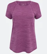 Remera deportiva de poliéster color lila con textura jaspeada, cuello redondo y mangas cortas.