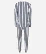 Conjunto de pijama largo compuesto por camisa de mangas largas con escote redondo y pantalón con cintura elástica. Diseño a rayas verticales en gris y blanco.