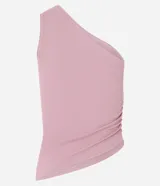 Blusa de microfibra color rosado, con escote asimétrico de un hombro y fruncido lateral.
