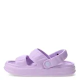 Sandalias de goma color rosa con dos tiras horizontales y apliques de helados de colores.