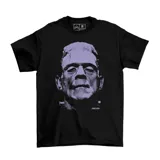 Remera negra de algodón con estampado de Frankenstein en color lila.
