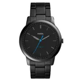 Reloj Fossil Minimalist con caja de acero inoxidable color negro de 44mm y malla metálica de 22mm. Esfera negra con agujas plateadas y segundero azul.