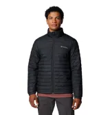 Campera negra acolchada para hombre, marca Columbia, modelo Silver Falls II. Confeccionada con tejido resistente al agua y tecnología Omni-Shield™ que repele la humedad y las manchas. Cuenta con aislamiento Thermarator™ de poliéster reciclado, bolsillos con cremallera, puños elásticos y dobladillo ajustable con cordón.