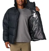 Campera puffer Columbia Pike Lake II Hooded para hombre, color verde oliva y negro. Cuenta con tecnología Omni-Heat Reflective, capucha ajustable, bolsillos con cierre y puños elásticos.
