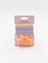 Pack de accesorios para el pelo marca Guapal, que incluye diez coleros elásticos en tonos grises y negros, y una pinza plástica gris.