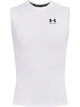 Musculosa blanca Under Armour HeatGear de compresión, sin mangas y con logo en el pecho.