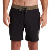 Bermuda de baño negra con cintura marrón y logo estampado en blanco en la pierna derecha.